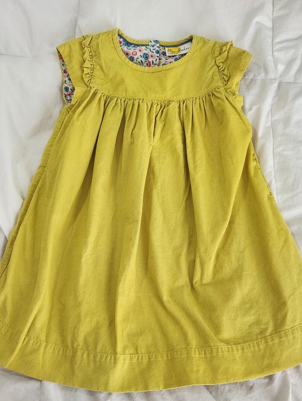 Mini Boden Girls Yellow Corduroy Dress Floral Cotton Lined Pockets Size 5-6y
